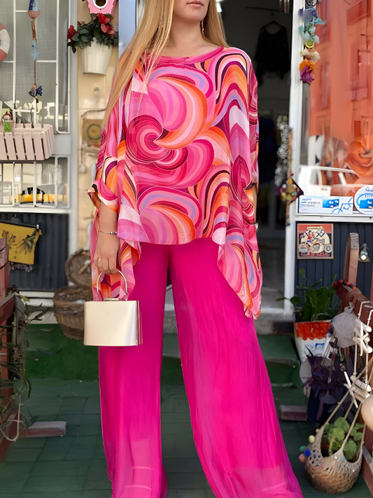 Nicole™ | Completo In Chiffon Colorato Con Scollo Rotondo E Stampa, Stile Casual