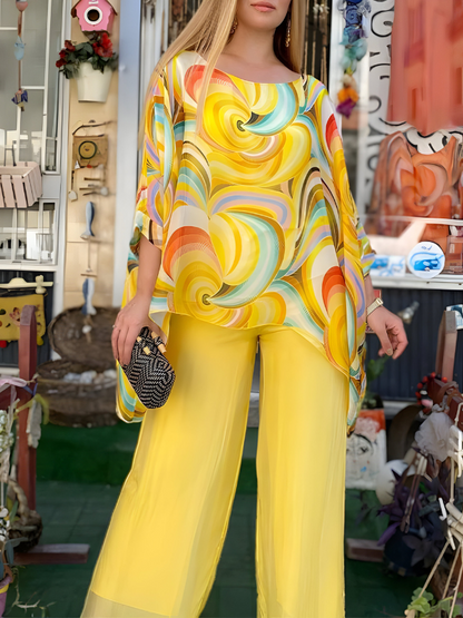 Nicole™ | Completo In Chiffon Colorato Con Scollo Rotondo E Stampa, Stile Casual