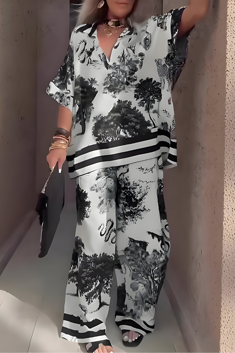 Mila™ | Top con scollo a V stampata con pantaloni lunghi