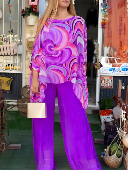 Nicole™ | Completo In Chiffon Colorato Con Scollo Rotondo E Stampa, Stile Casual